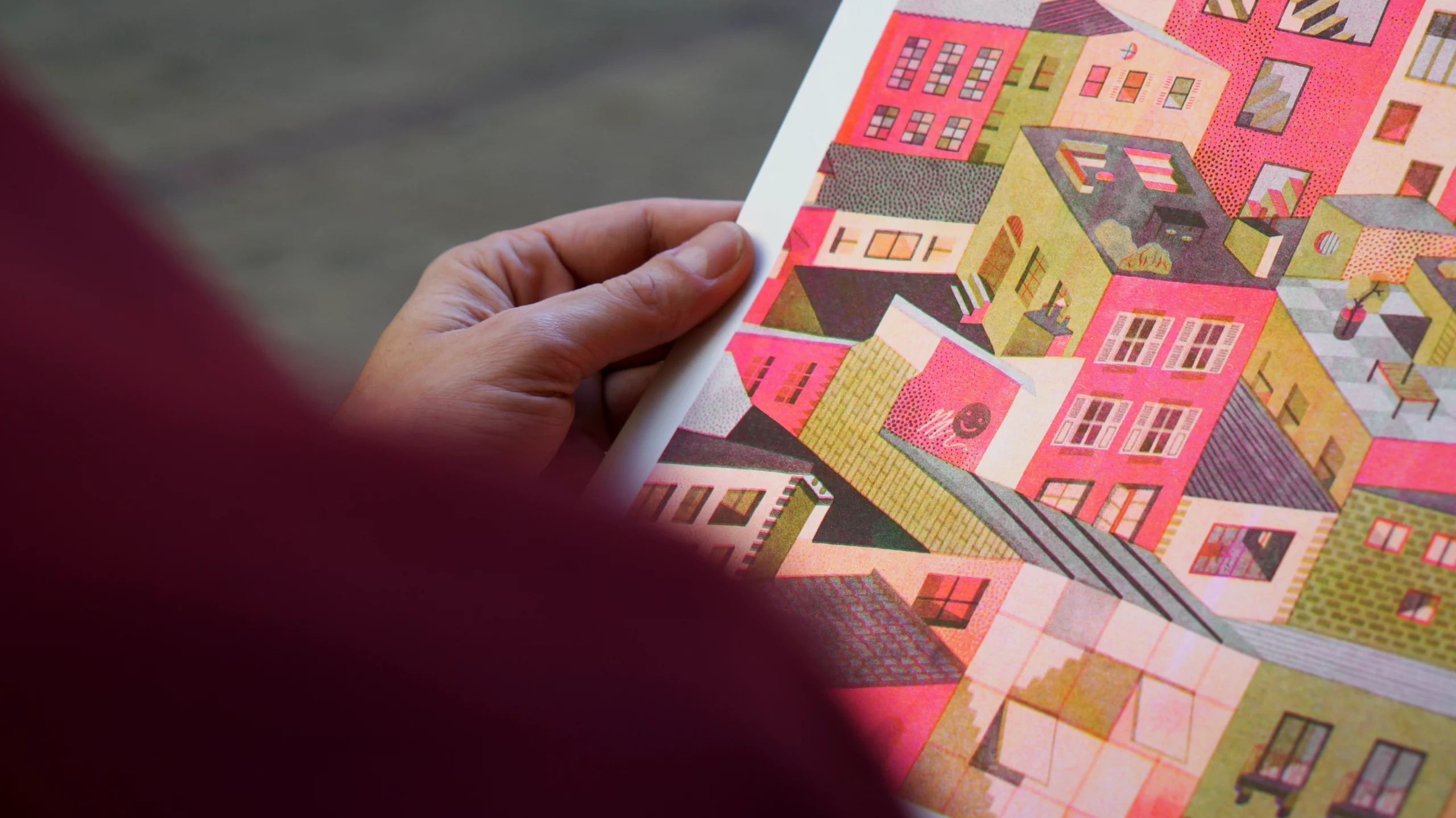 Illustrations en risographie représentant une vue du ciel de la ville de Bordeaux