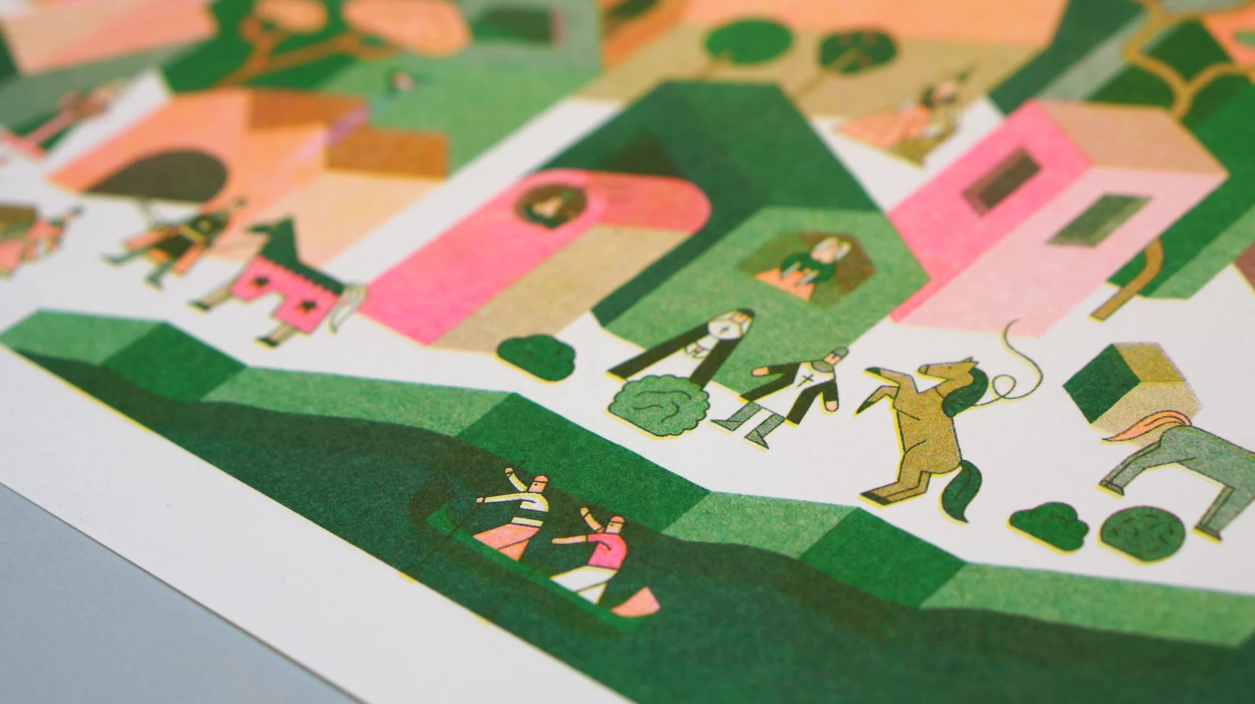 Illustrations en risographie représentant une scène de la vie quotidienne au Moyen-âge