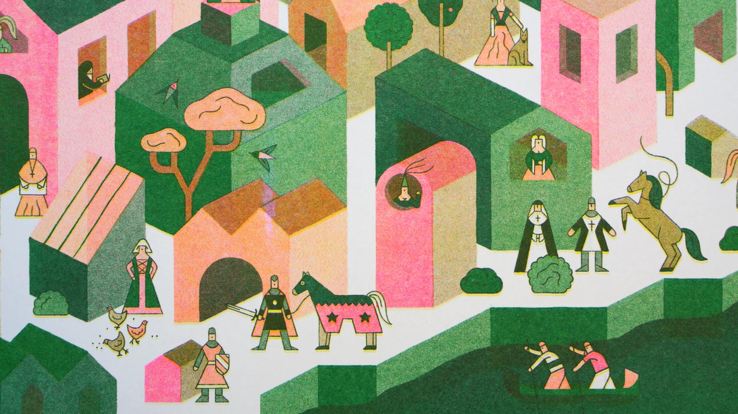 Illustrations en risographie représentant une scène de la vie quotidienne au Moyen-âge