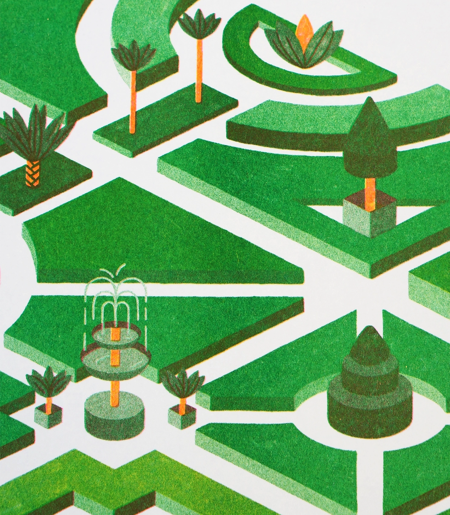 Illustration en risographie représentant une abbaye au Moyen-âge
