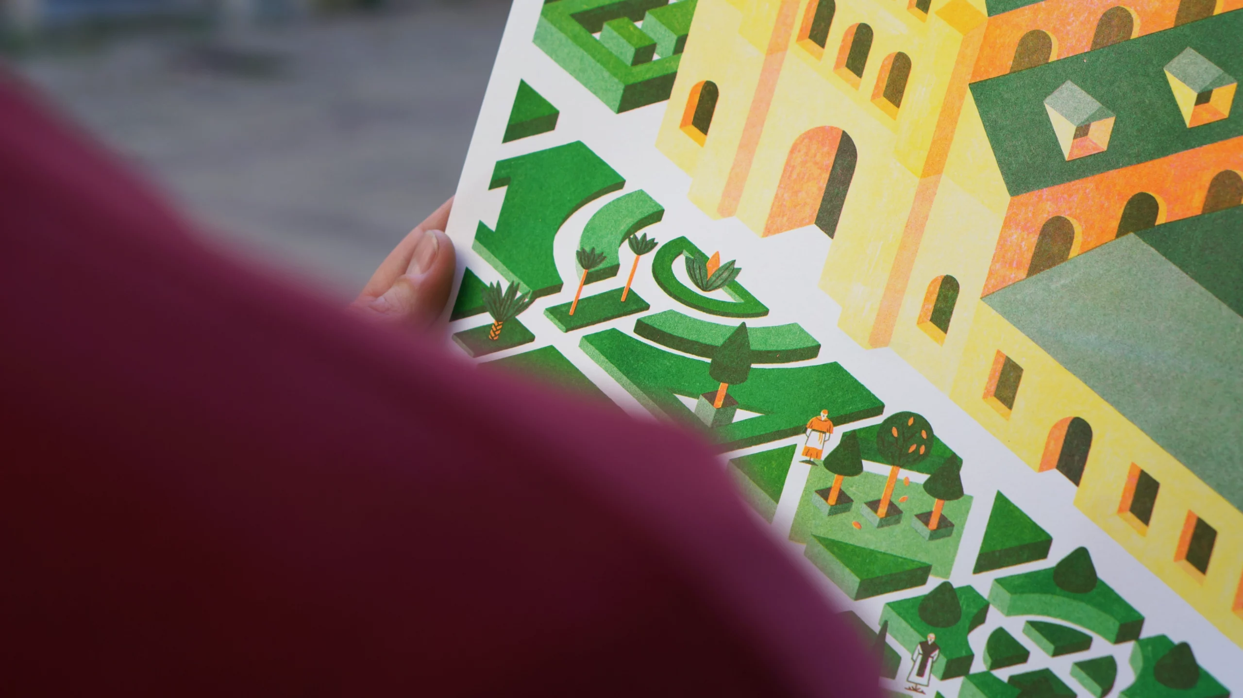 Illustration en risographie représentant une abbaye au Moyen-âge