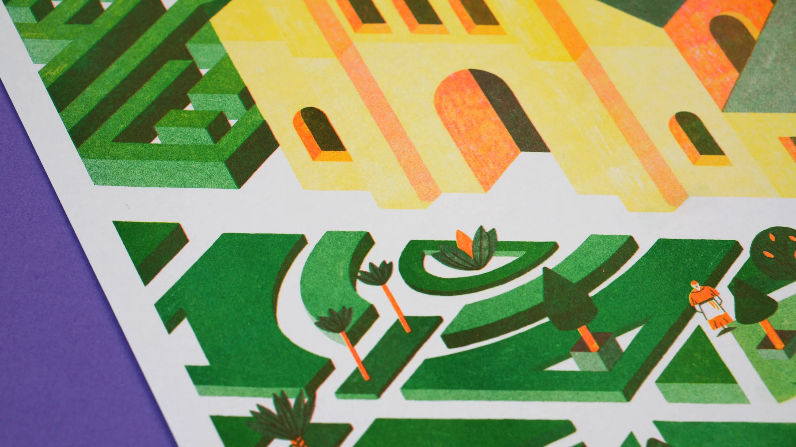 Illustration en risographie représentant une abbaye au Moyen-âge