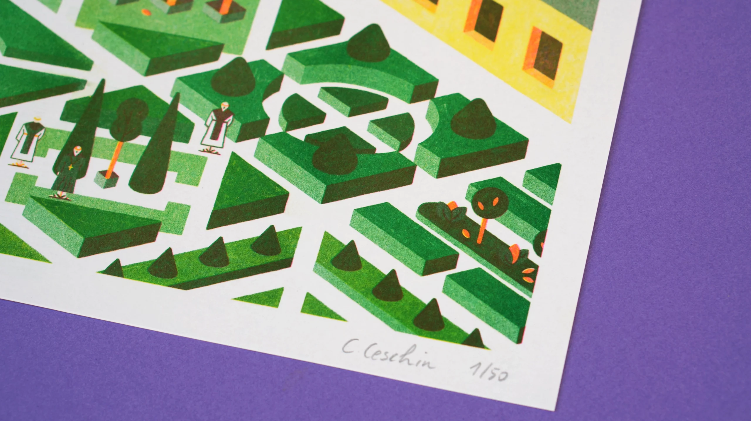 Illustration en risographie représentant une abbaye au Moyen-âge