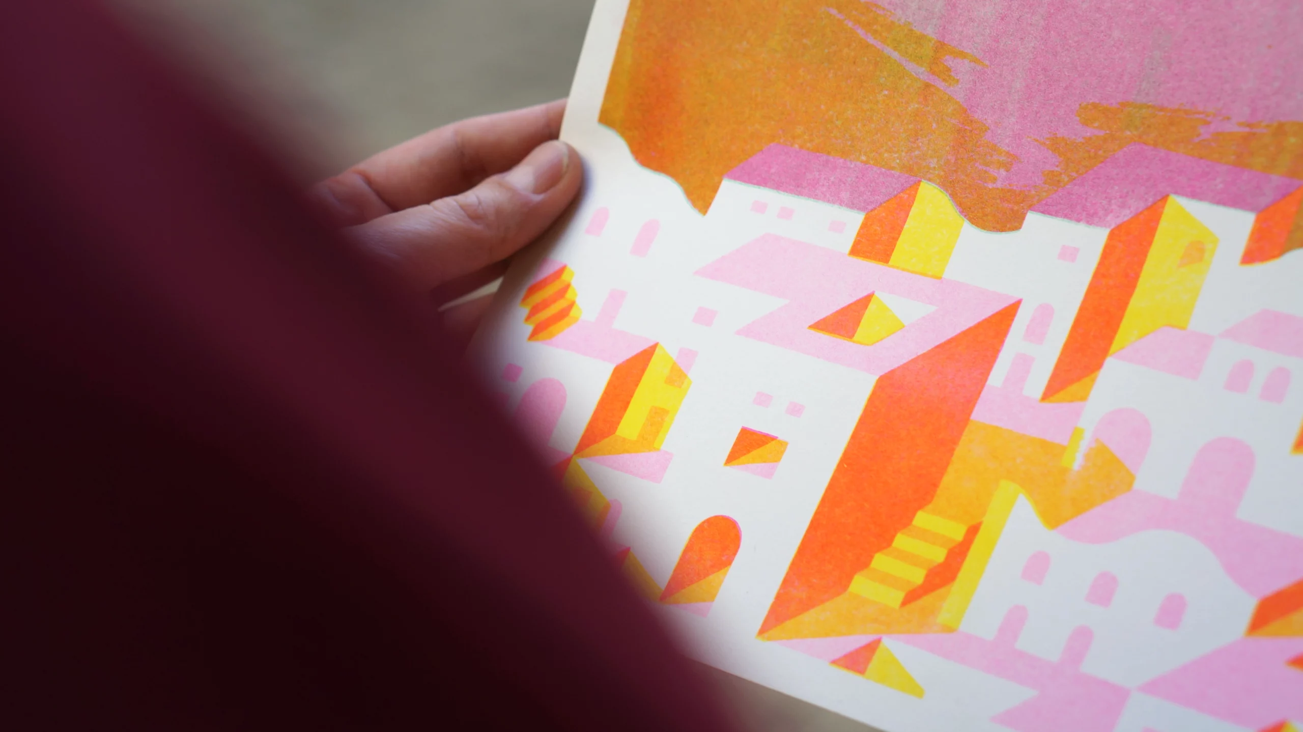 Illustration en risographie représentant un paysage de la Grèce