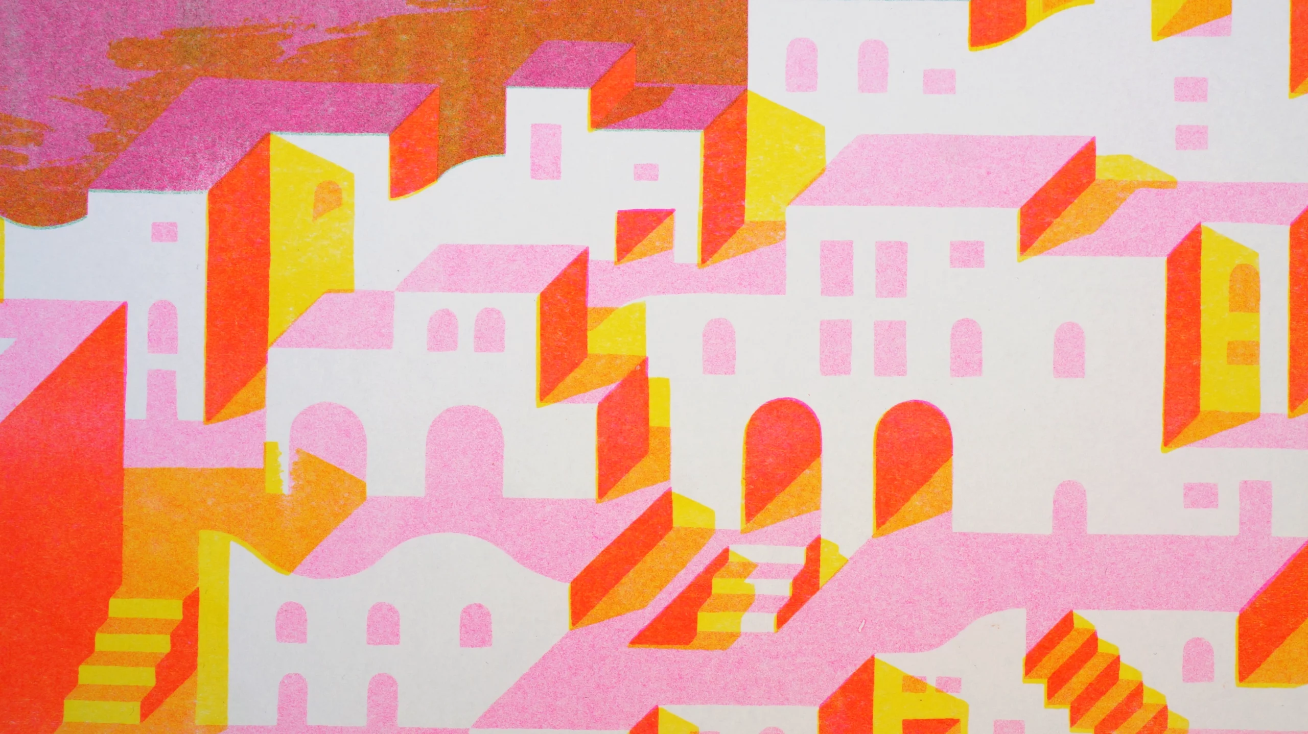 Illustration en risographie représentant un paysage de la Grèce