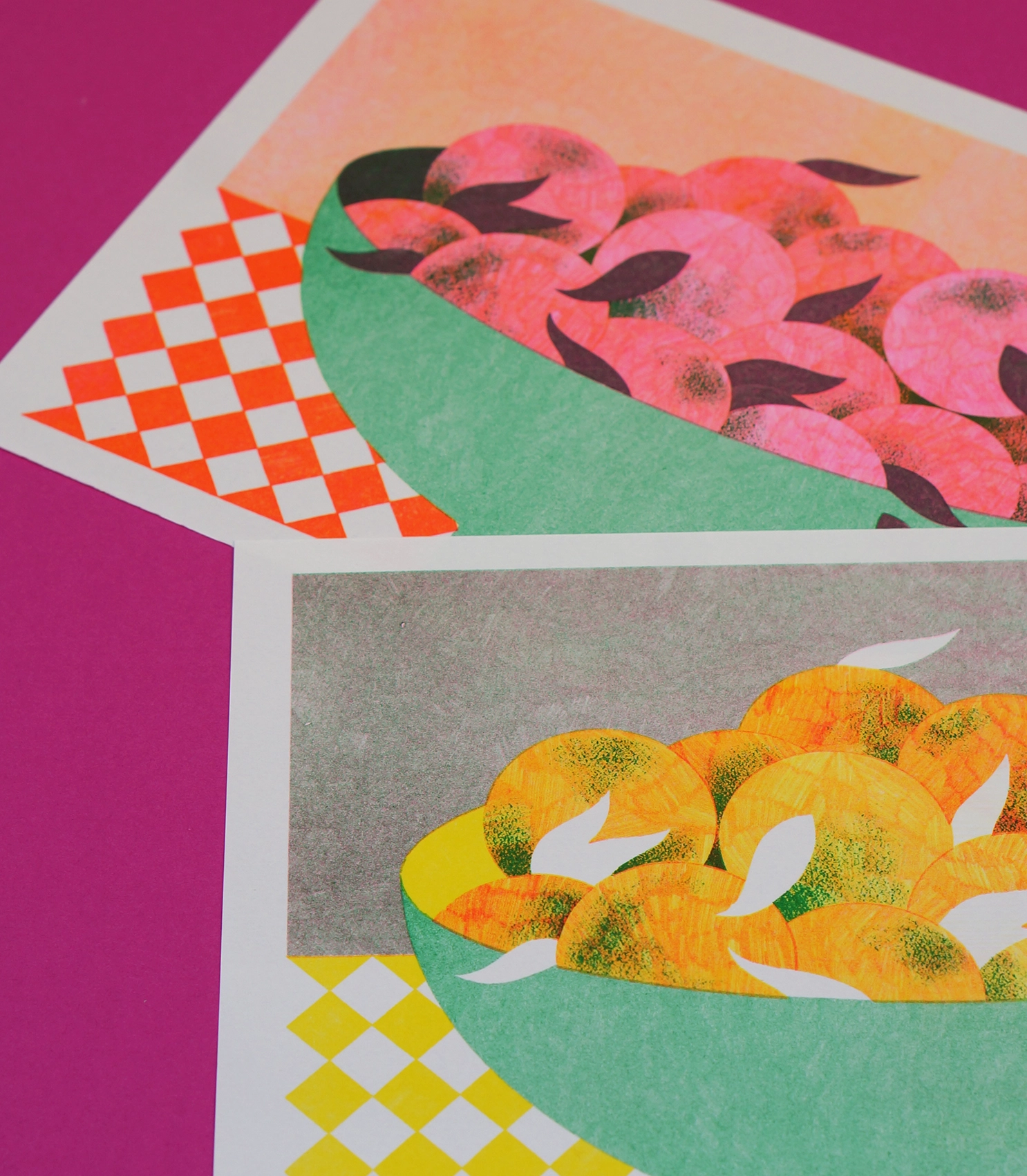 Illustrations en risographie sur la thématique des natures mortes