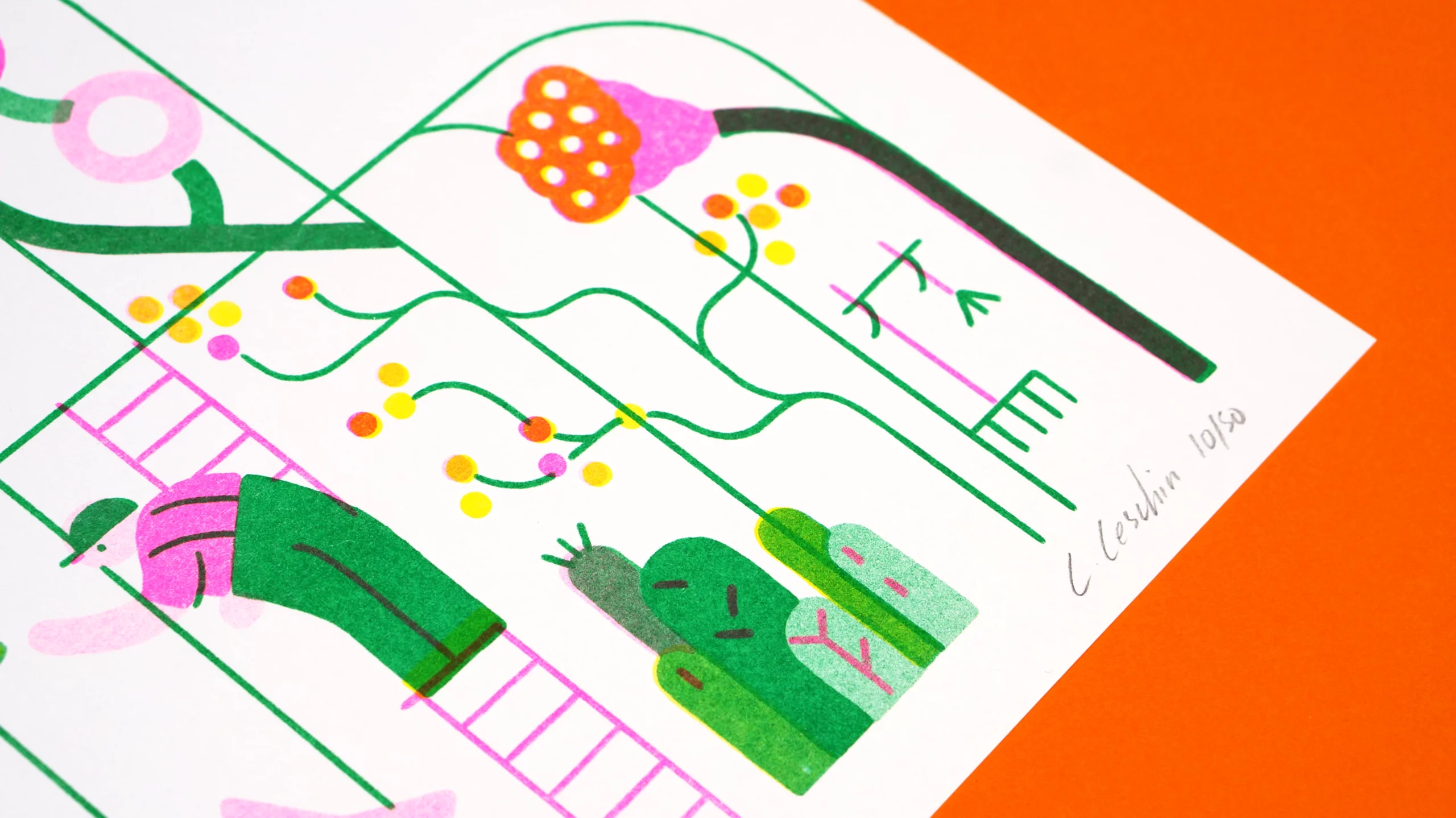 Illustration en risographie représentant une serre
