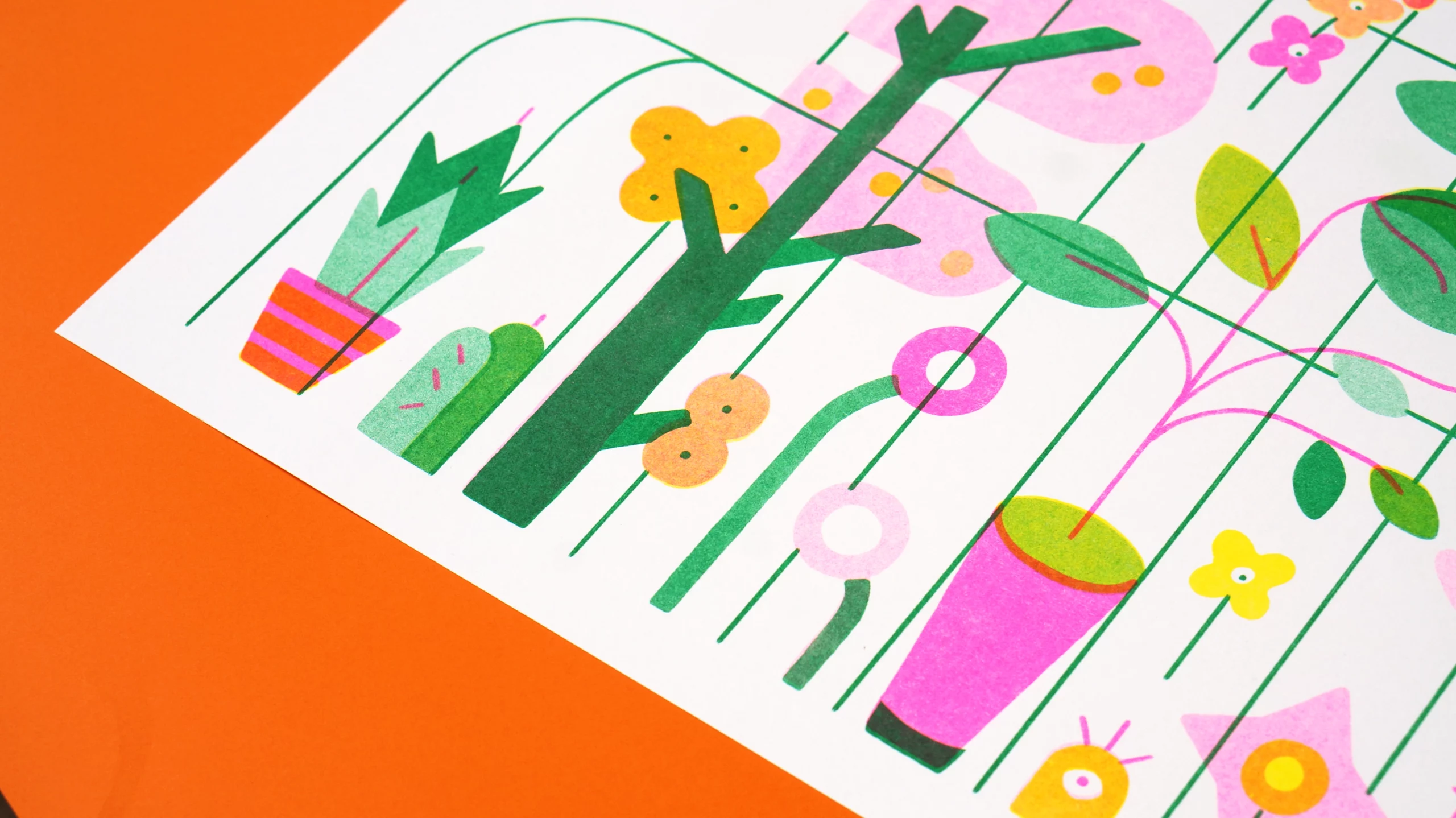 Illustration en risographie représentant une serre