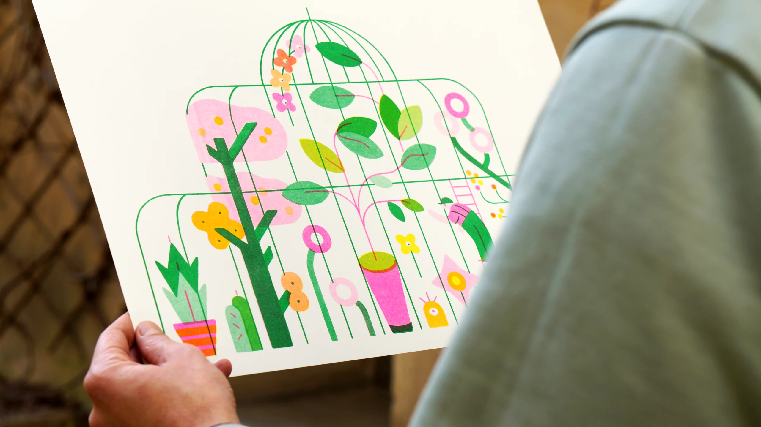 Illustration en risographie représentant une serre