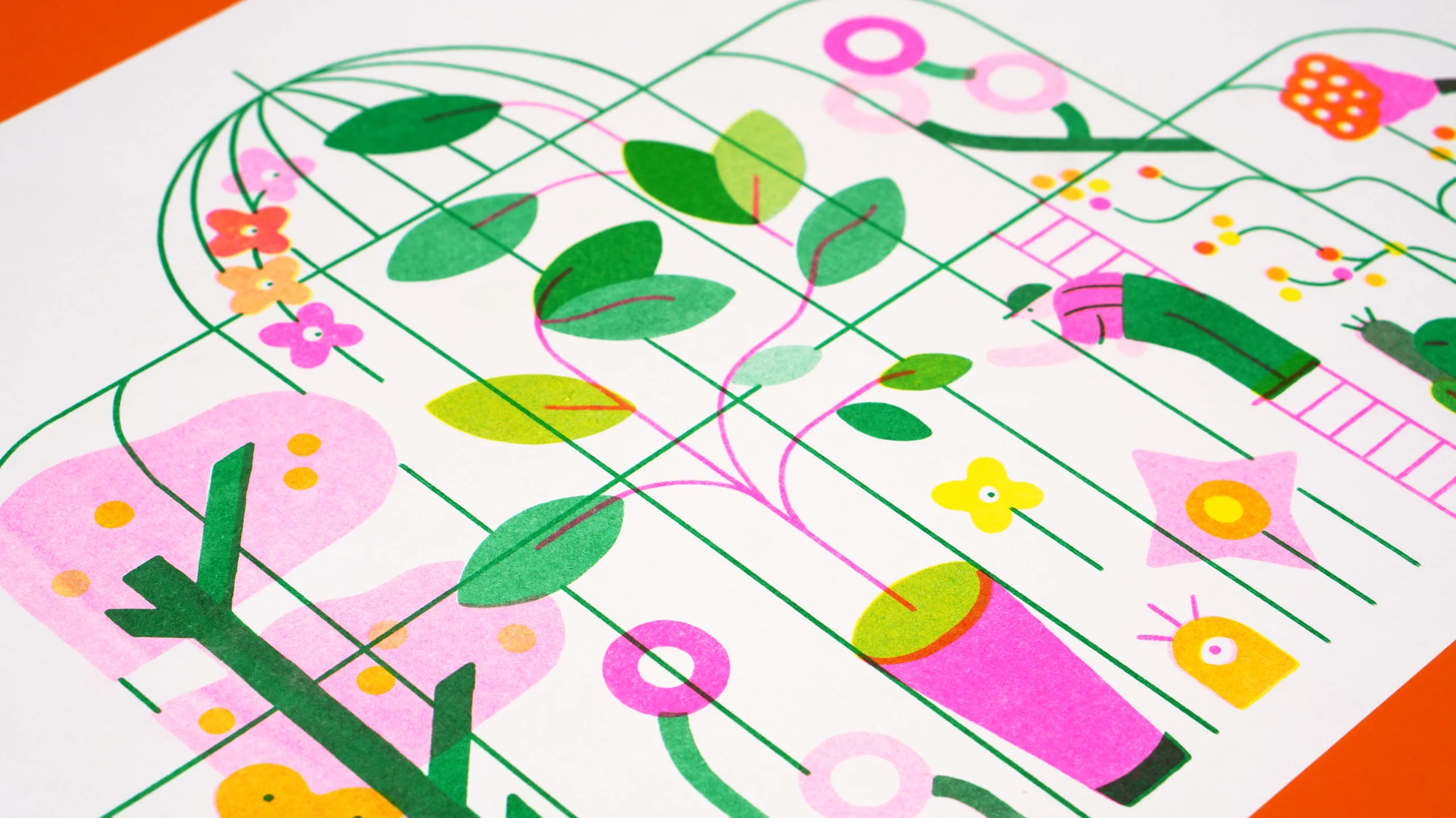 Illustration en risographie représentant une serre